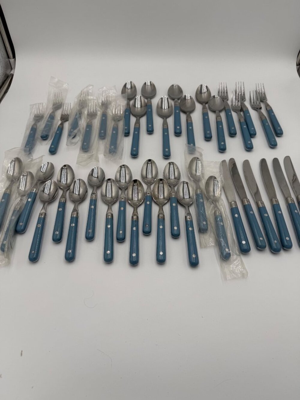 Vintage Stainless Steel Flatware Set Blue Handles 42Pcs Made Korea Cottagecore